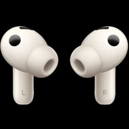 Huawei FreeBuds Pro 5 Areia em tom bege, formato intra-auricular com ponteiras de silicone, hastes curtas L e R visíveis e acabamento suave e minimalista
