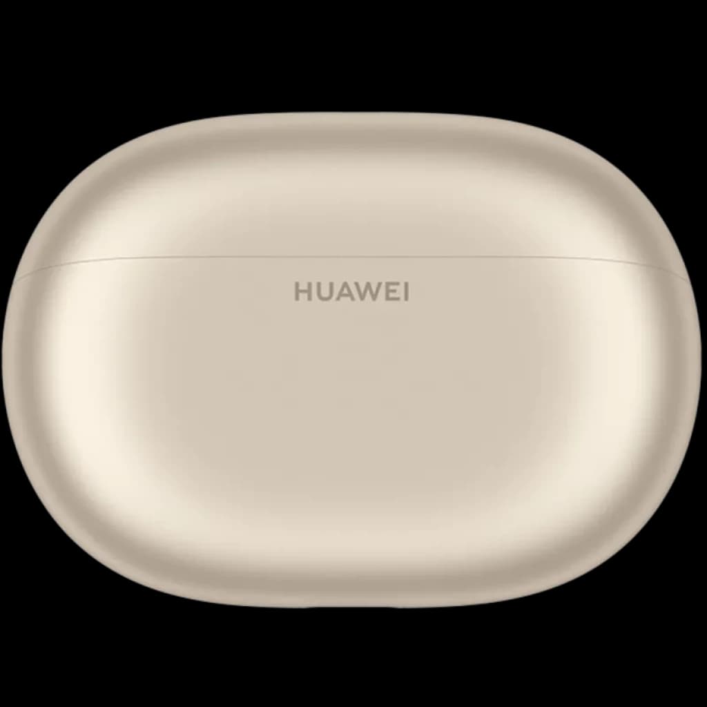 Estojo de carregamento Huawei FreeBuds Pro 5 Areia em tom dourado fosco, compacto e oval, com logotipo HUAWEI central e acabamento suave e elegante