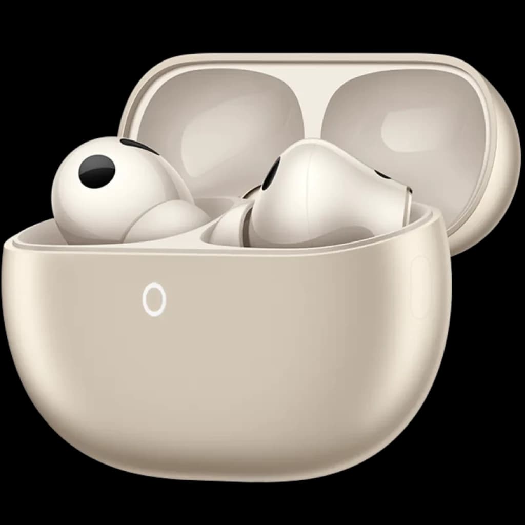 Estojo areia com auriculares Huawei FreeBuds Pro 5; design compacto, acabamento suave, indicador LED frontal e tampa arredondada com encaixe magnético
