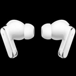 Huawei FreeBuds Pro 5 Branco com acabamento brilhante, hastes curtas e pontas de silicone; design ergonômico intra-auricular com detalhes prateados