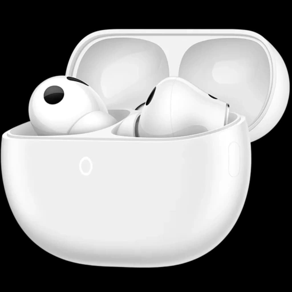 Huawei FreeBuds Pro 5 Branco em estojo de carregamento compacto; design ergonômico, acabamento brilhante e LEDs discretos no case
