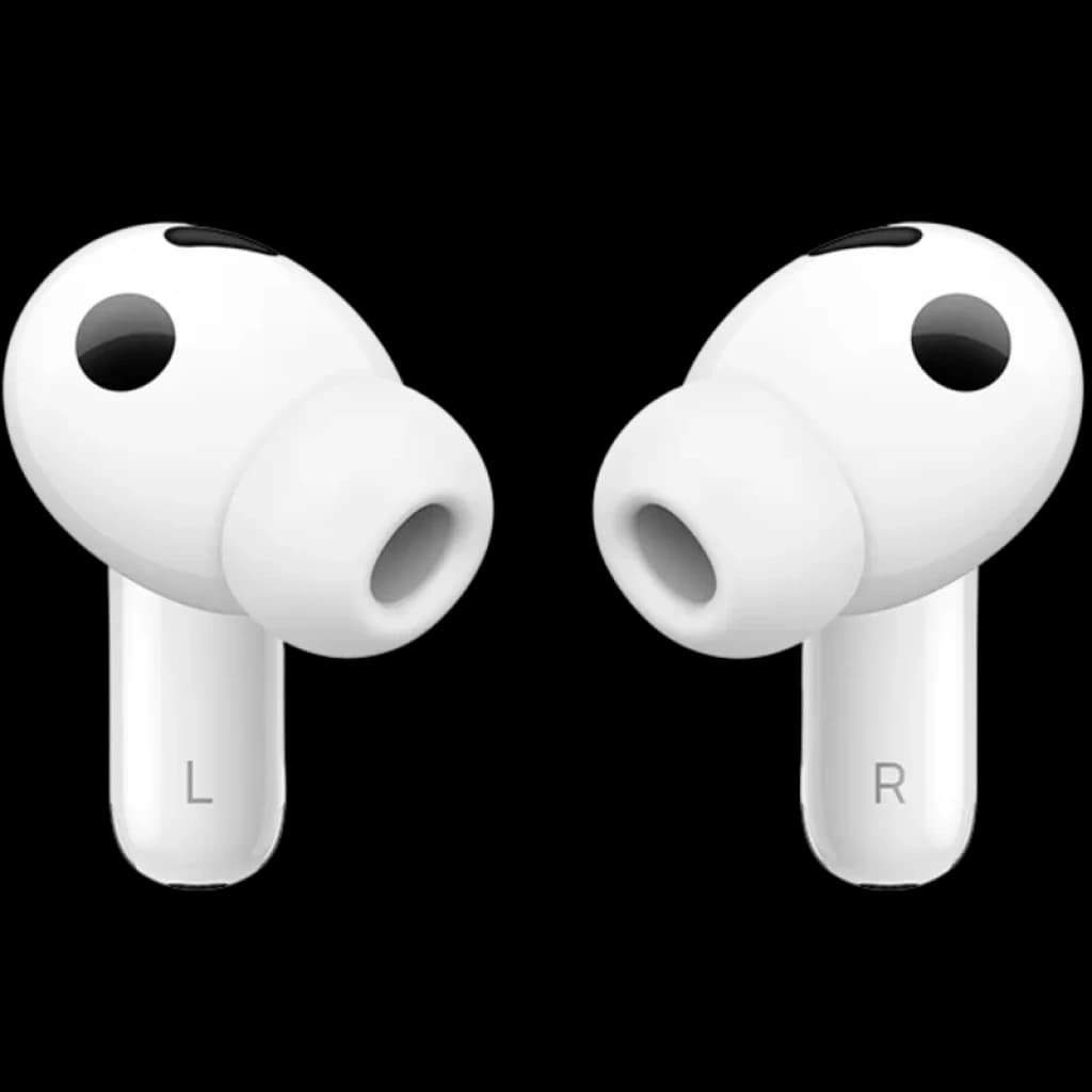 Auriculares Huawei FreeBuds Pro 5 brancos intra-auriculares com pontas de silicone, marcadores L e R visíveis, design compacto e acabamento suave em branco