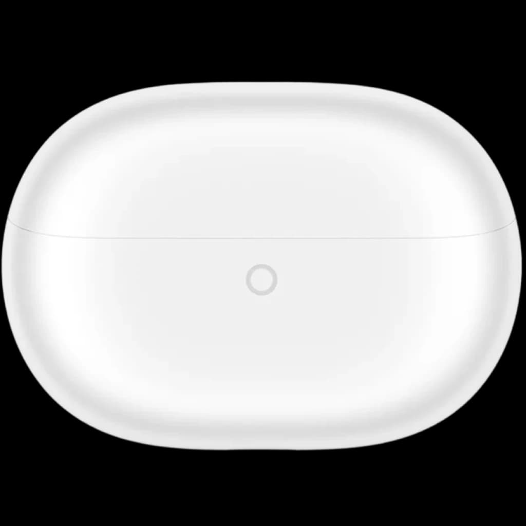 Estojo branco oval dos Huawei FreeBuds Pro 5, compacto e liso, com LED frontal central discreto e acabamento brilhante para carregar e proteger os auriculares