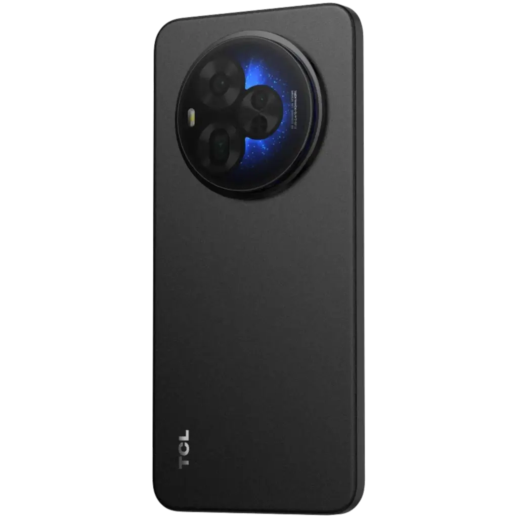 Dos noir mat avec module photo circulaire triple capteur et halo bleu, design épuré TCL, bords arrondis, logo discret en bas à gauche