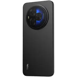 Dos noir mat avec module photo circulaire triple capteur et halo bleu, design épuré TCL, bords arrondis, logo discret en bas à gauche