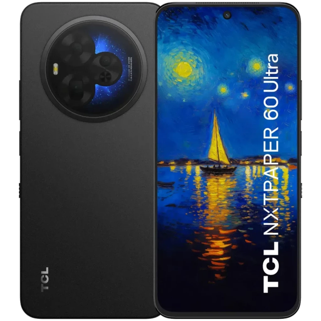 TCL 60 NXTPAPER Ultra 5G preto com ecrã mate amplo, 12 GB RAM e 512 GB. Câmara traseira circular tripla e resistência IP68, design fino e elegante - Item