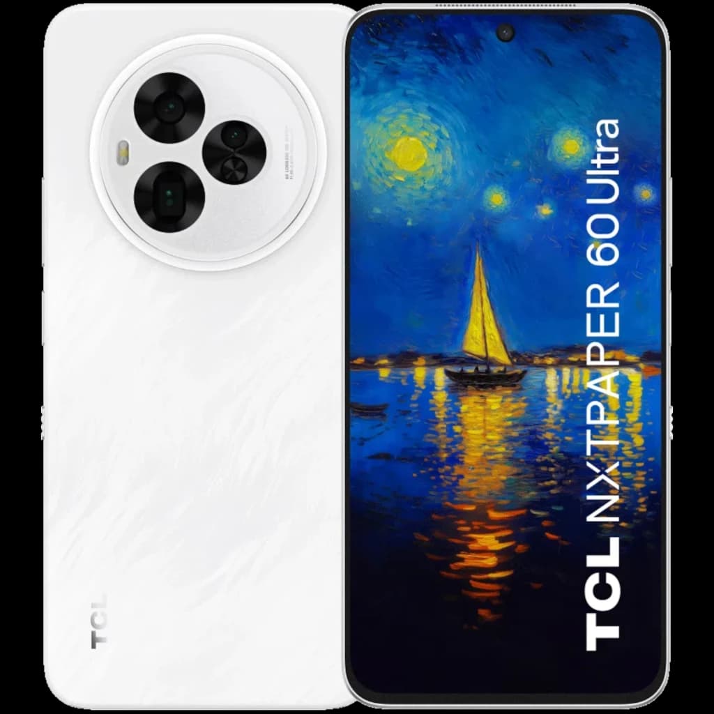 Smartphone blanc TCL 60 NXTPAPER Ultra 5G, écran bord à bord avec fond étoilé, cadre métallique, triple module photo circulaire, capteur 50 Mpx visible