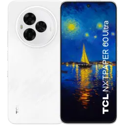 Smartphone blanc TCL 60 NXTPAPER Ultra 5G, écran bord à bord avec fond étoilé, cadre métallique, triple module photo circulaire, capteur 50 Mpx visible