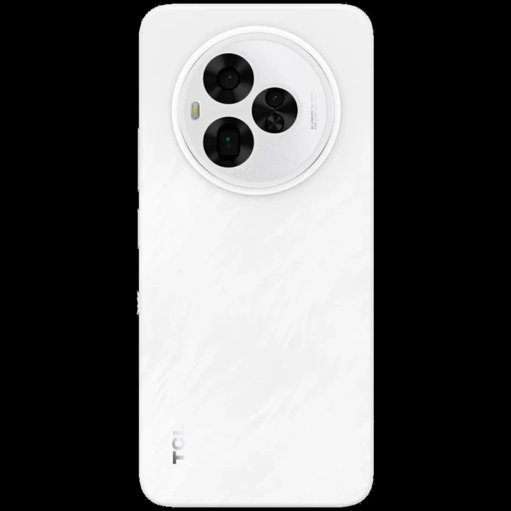 Dos du smartphone blanc TCL 60 NXTPAPER Ultra 5G avec grand module circulaire, triple capteur dont téléobjectif 50 MP, finition marbrée et cadre métallique