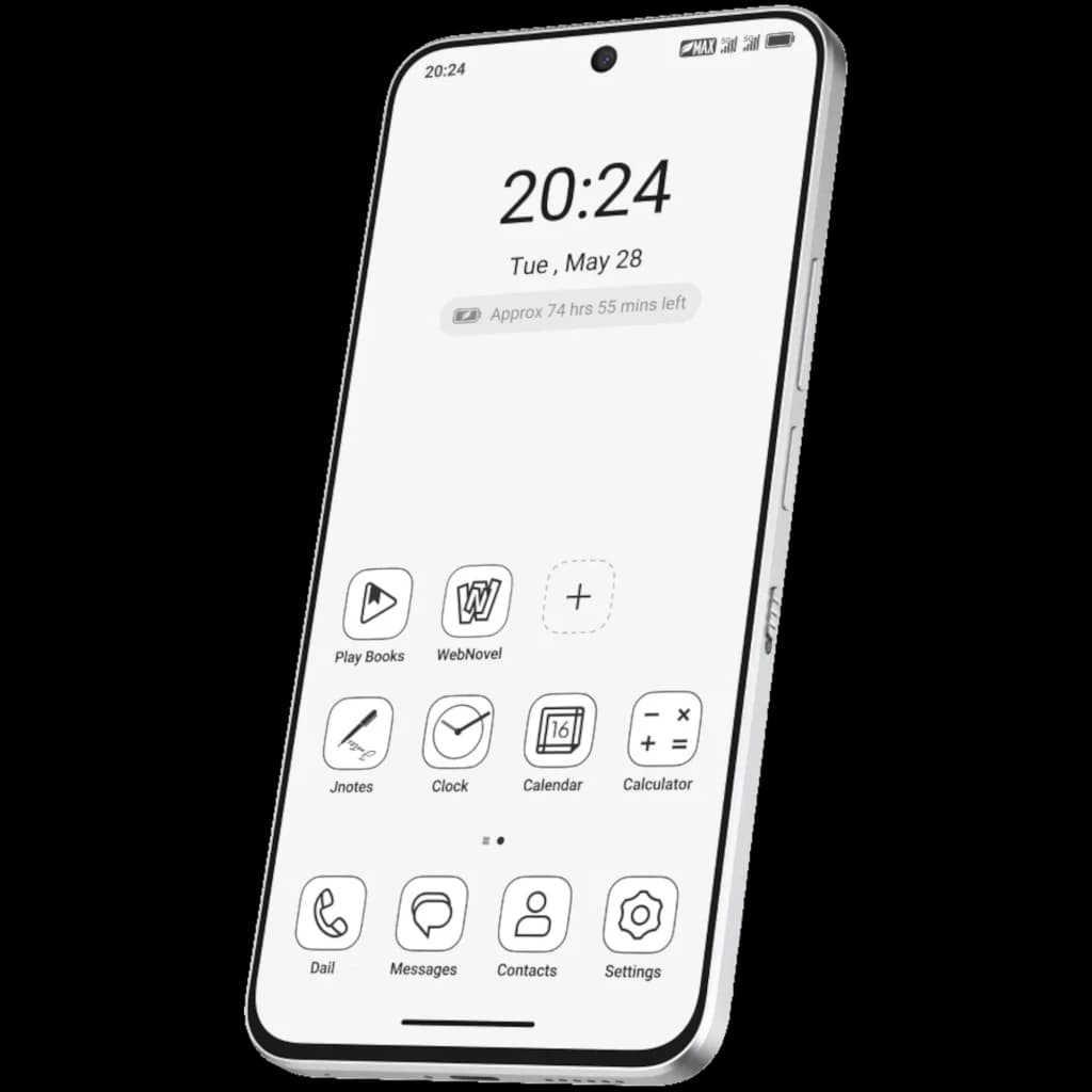 Smartphone TCL 60 NXTPAPER Ultra 5G blanc, écran e-ink NXTPAPER, cadre métallique, poinçon centré, bords fins, interface icônes noir et blanc épurées