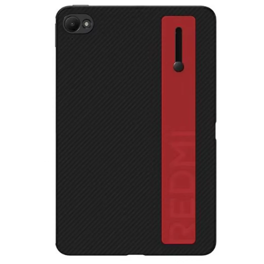Capa Xiaomi para Xiaomi Pad Mini REDMI K Pad em preto com faixa vermelha texturizada, suporte deslizante integrado e recortes precisos para câmera e botões - Item