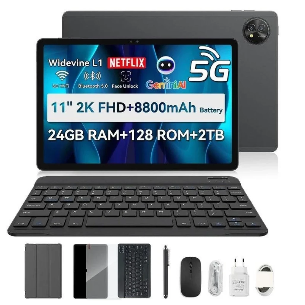 Tablet Blackview Zeno 10 5G preto com tela 11 2K, teclado destacável, caneta, capa, cabo e carregador; câmera traseira dupla e bordas finas - Item