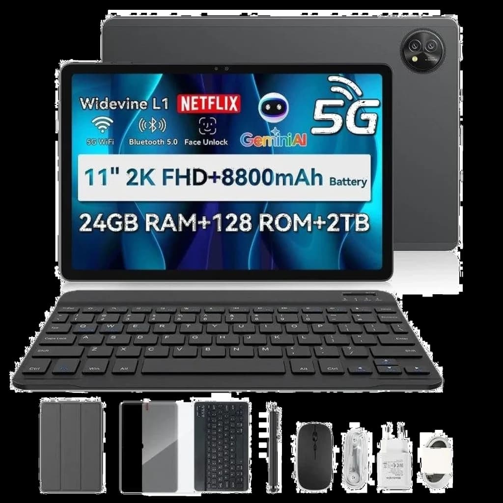 Tablette noire 11 pouces 2K avec clavier détachable, double caméra, 5G, haut‑parleurs stéréo, stylet, étui et accessoires complets visibles