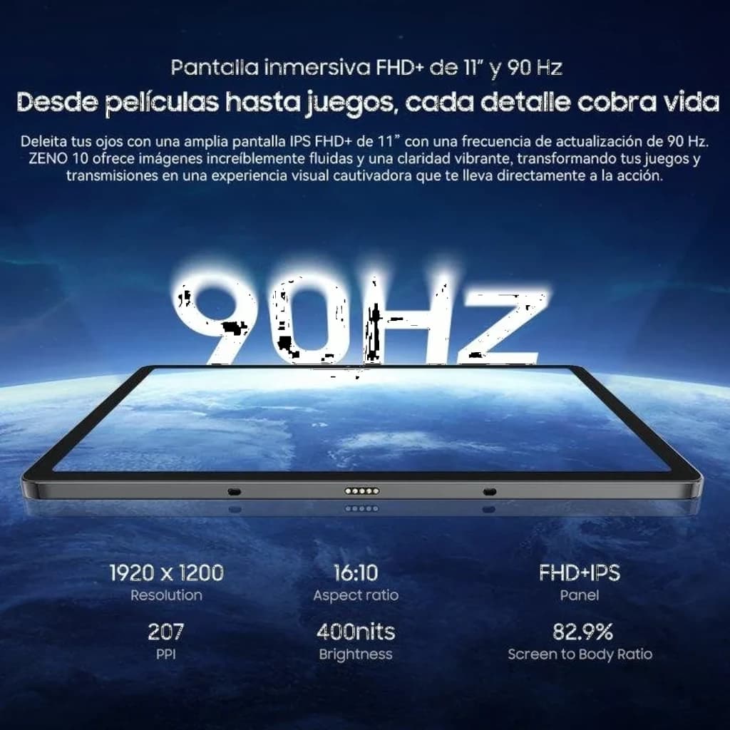 Écran IPS FHD+ 11 pouces 90 Hz bord fin, ratio 16:10, 1920x1200, 400 nits, 82,9 pourcent écran, haut-parleurs et ports visibles sur la tranche