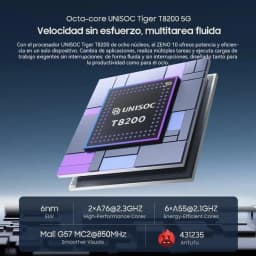Puce UNISOC Tiger T8200 5G octa‑core mise en avant, design en couches métalliques, 6 nm, fréquences et GPU Mali G57 indiqués, performance et fluidité