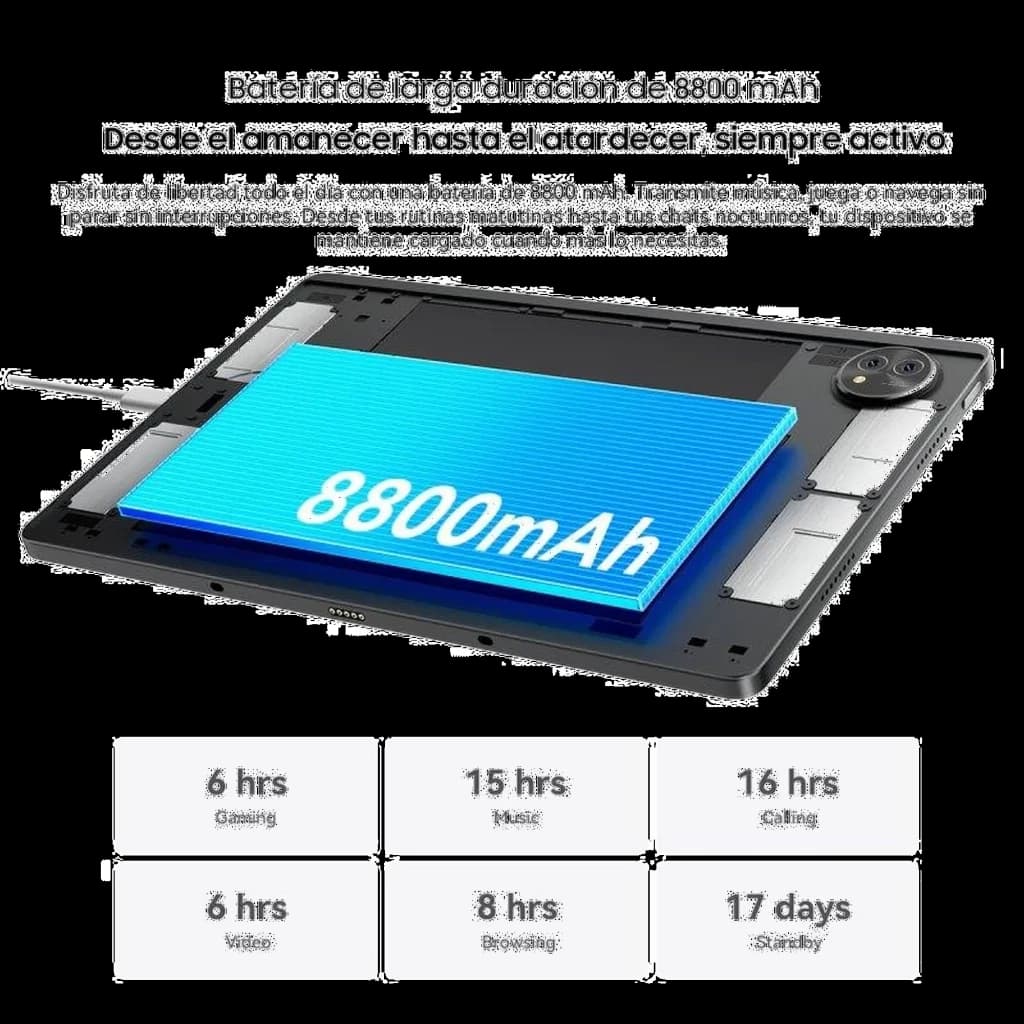 Batterie 8800 mAh mise en avant dans la tablette Blackview Zeno 10 5G noire, vue interne détaillée avec module double caméra et connectique latérale