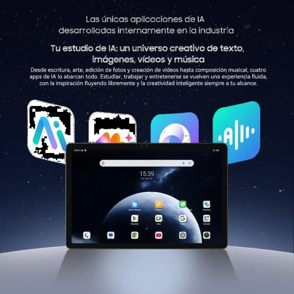 Tablette noire avec grand écran bord fin affichant une interface Android, icônes d’apps IA colorées en arrière-plan, thème spatial sombre et design