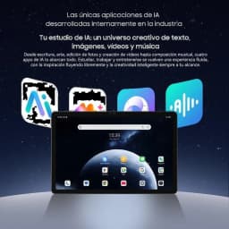 Tablette noire avec grand écran bord fin affichant une interface Android, icônes d’apps IA colorées en arrière-plan, thème spatial sombre et design