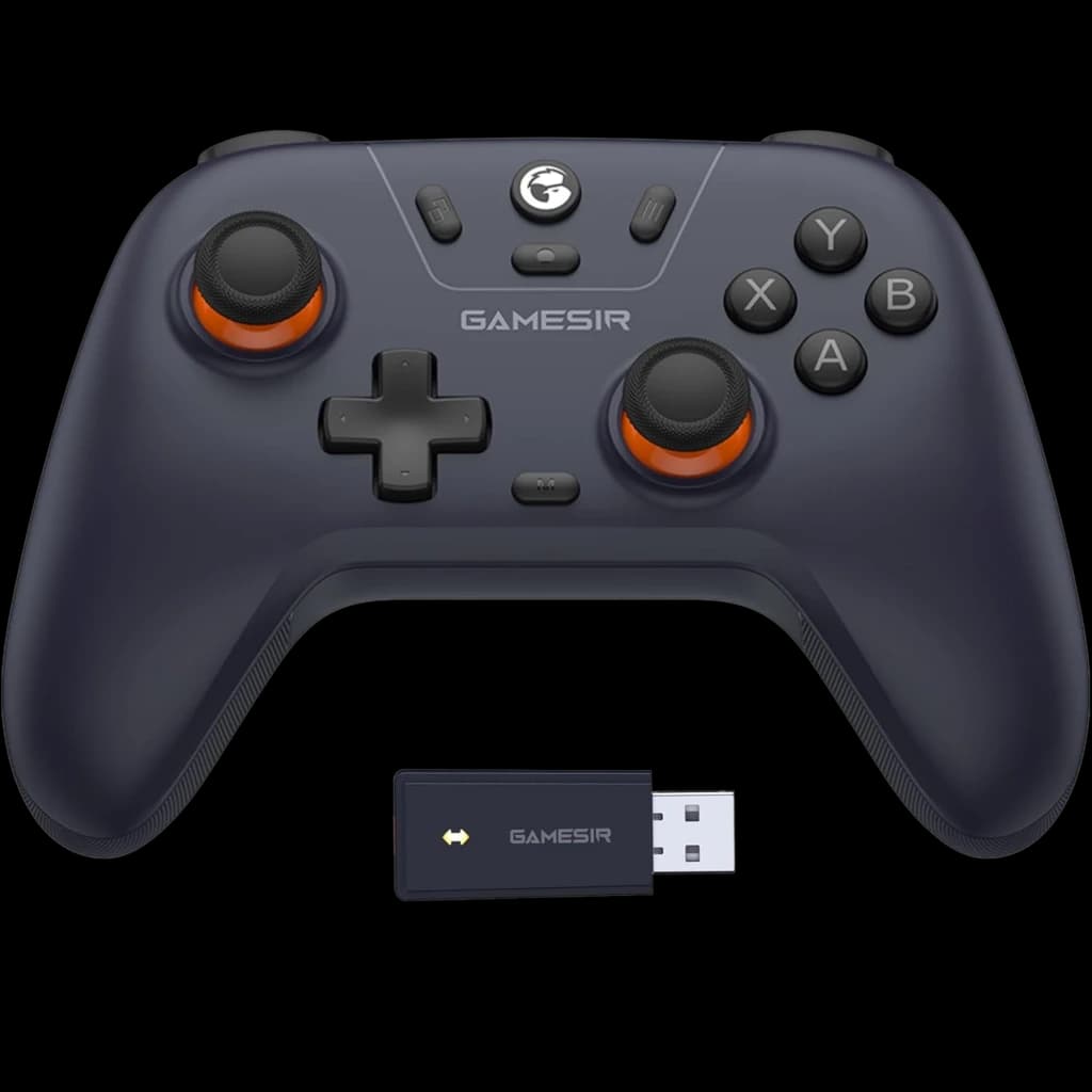 Adaptador Bluetooth para Gamesir Nova Lite em formato USB, compacto e preto, com LED indicador amarelo, ideal para conectar controle sem fio a PCs e consoles