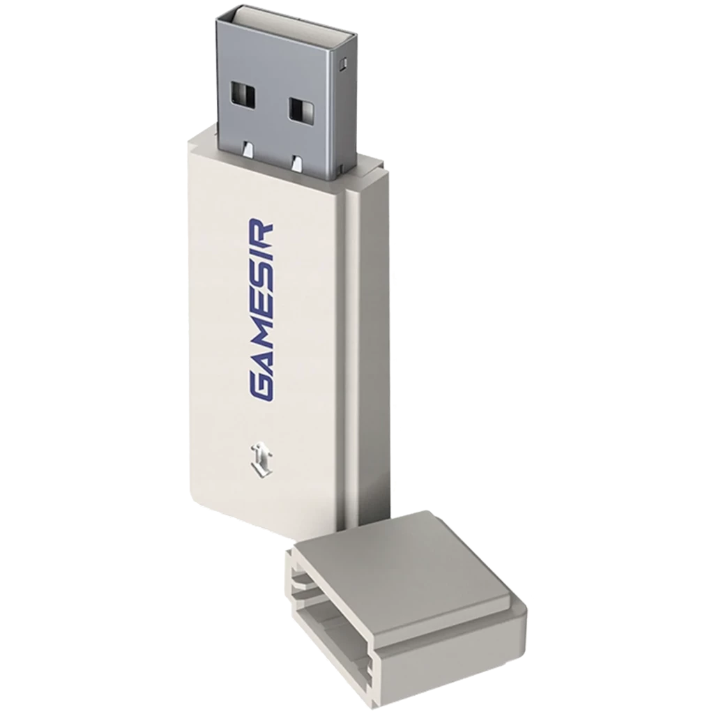 Adaptador Bluetooth para Gamesir Nova 2 Lite em formato USB, corpo metálico prateado com tampa removível e logotipo GAMESIR em azul - Item