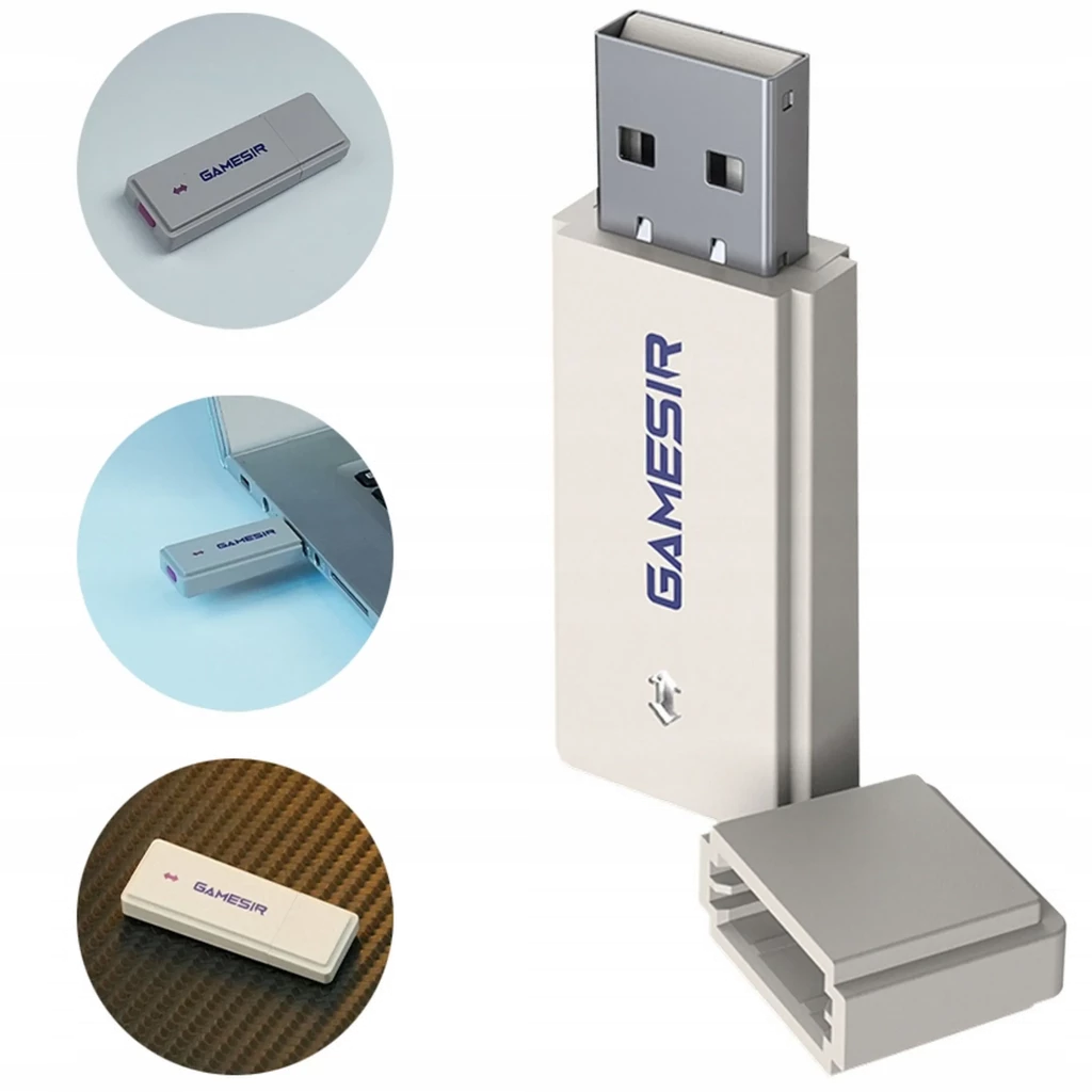 Adaptador Bluetooth para Gamesir Nova 2 Lite em formato USB, corpo metálico prateado com tampa removível e logotipo GAMESIR em azul - Item2