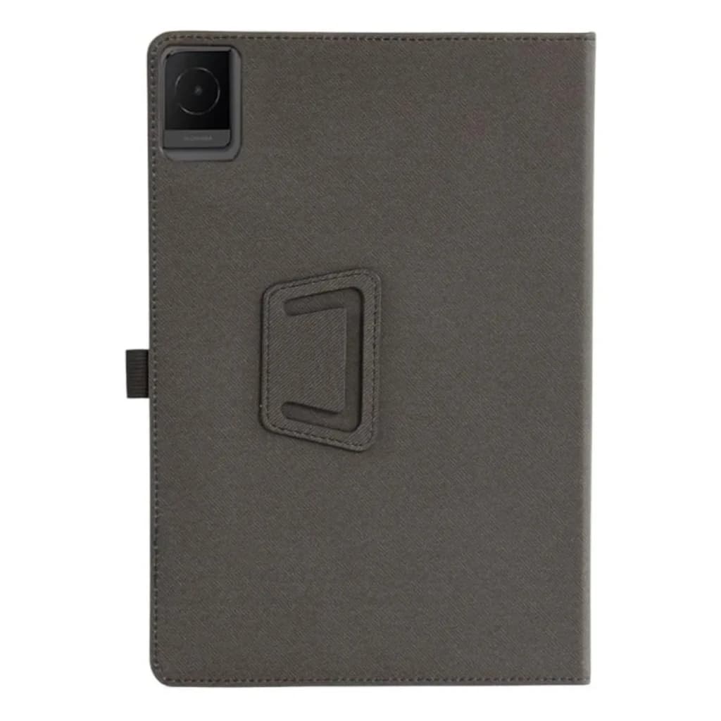 Coque en cuir pour tablette TCL NXTPAPER 11, coloris gris, texture grainée, support pliable intégré, découpe caméra précise et boucle pour stylet