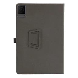 Coque en cuir pour tablette TCL NXTPAPER 11, coloris gris, texture grainée, support pliable intégré, découpe caméra précise et boucle pour stylet