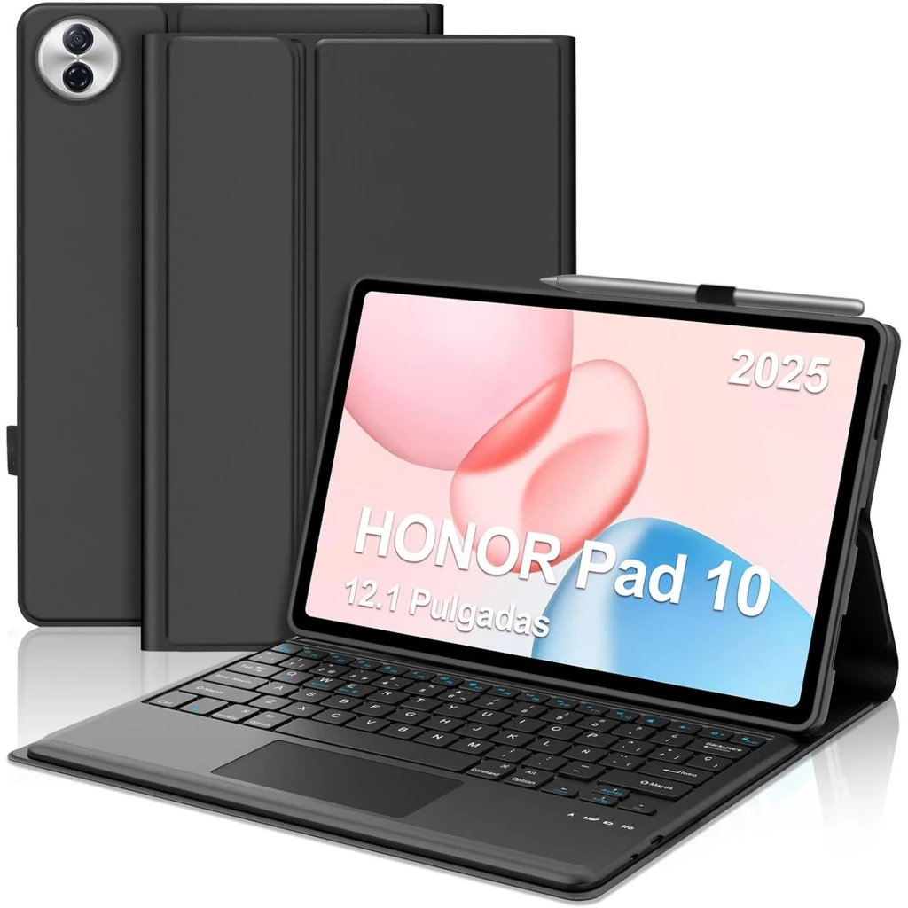 Capa com teclado para Honor Pad 10 12.1 polegadas, cor preta, suporte ajustável, fecho magnético e recorte para câmera dupla, proteção completa e fina - Item