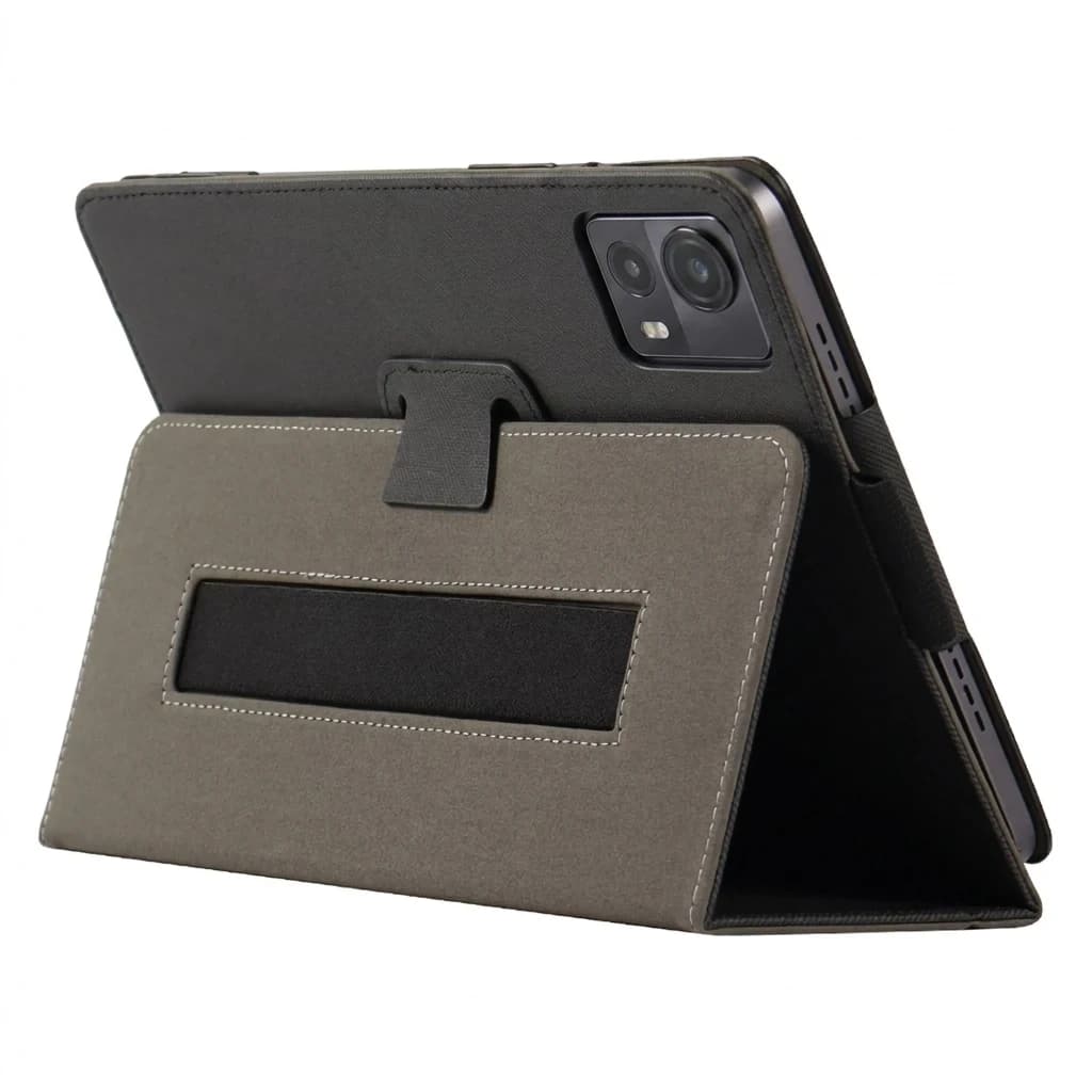 Funda Leather Tablet TCL TAB 10L Gen 4 en cuero sintético gris, con soporte plegable, ventana de agarre y costuras blancas; acceso a cámara y puertos.