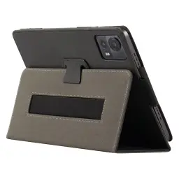 Funda Leather Tablet TCL TAB 10L Gen 4 en cuero sintético gris, con soporte plegable, ventana de agarre y costuras blancas; acceso a cámara y puertos.