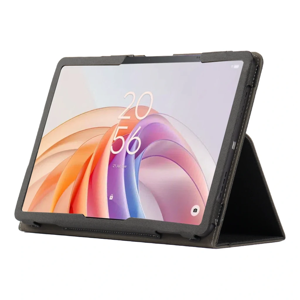 Funda Leather Tablet TCL TAB 11 FE negra con textura antideslizante, pliegues tipo tríptico para soporte y bordes reforzados; logo discreto en esquina inferior - Ítem