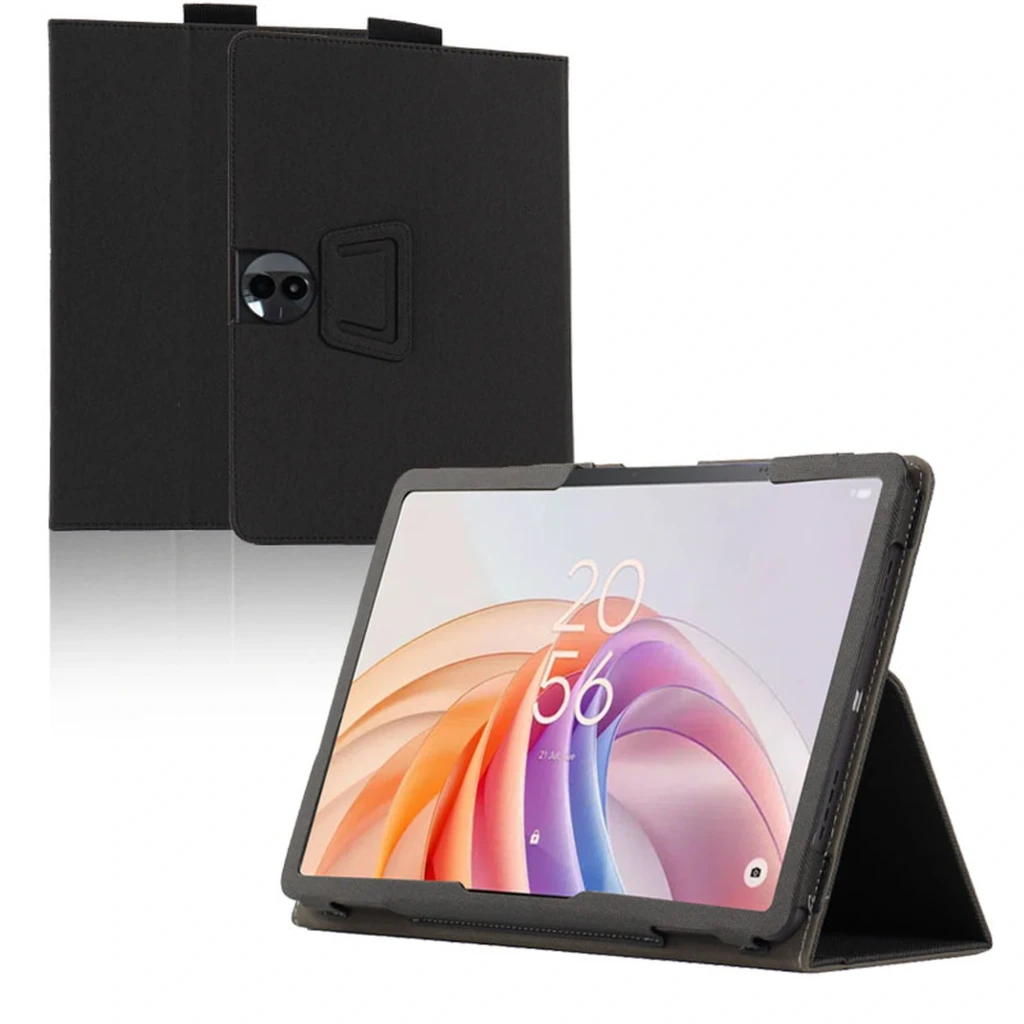 Funda Leather Tablet TCL TAB 11 FE negra con textura antideslizante, pliegues tipo tríptico para soporte y bordes reforzados; logo discreto en esquina inferior - Ítem1