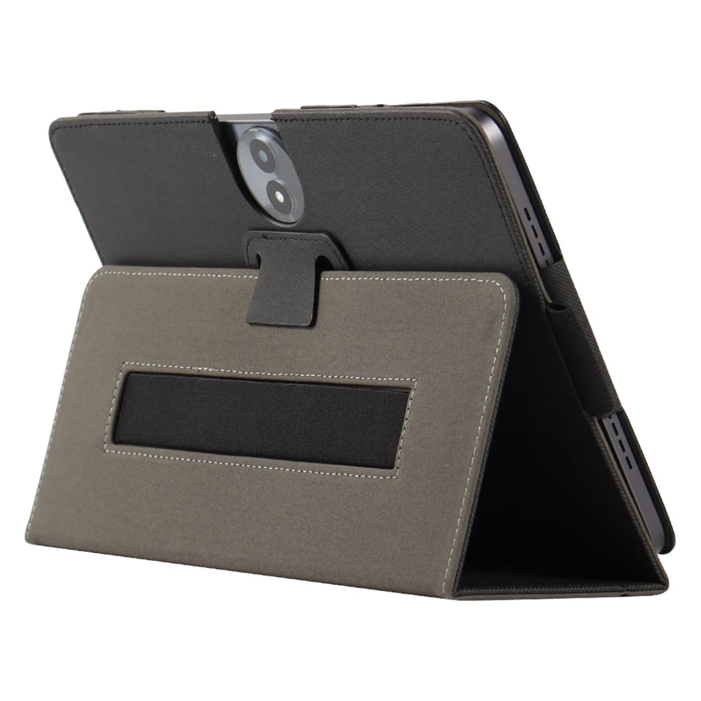 Funda Leather Tablet TCL TAB 11 FE negra con textura antideslizante, pliegues tipo tríptico para soporte y bordes reforzados; logo discreto en esquina inferior - Ítem2