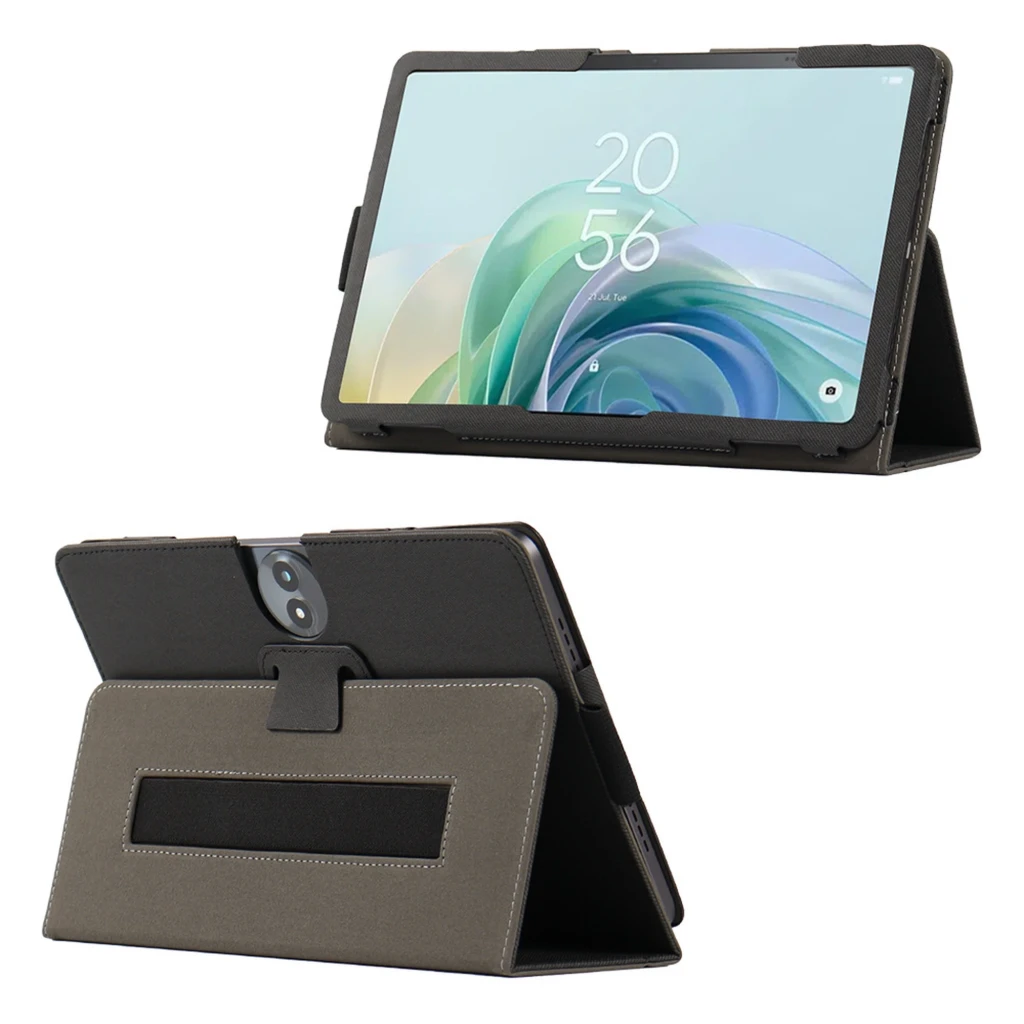 Funda Leather Tablet TCL TAB 11 FE negra con textura antideslizante, pliegues tipo tríptico para soporte y bordes reforzados; logo discreto en esquina inferior - Ítem3
