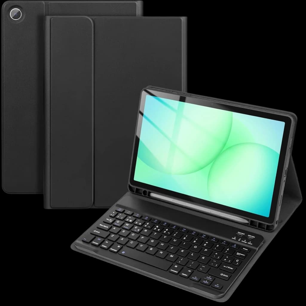 Funda con Teclado Samsung Galaxy Tab A11 Español: estuche negro con soporte tipo folio, teclado desmontable retroiluminado y ranura para lápiz, recortes