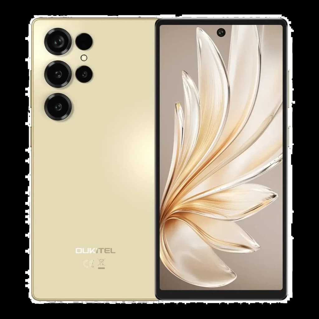 Smartphone dourado Oukitel C66 com ecrã 6,73 polegadas, câmara traseira quádrupla com módulo saliente e furo central para a câmara frontal na tela