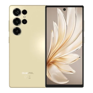 Oukitel C66 dorado con pantalla de 6.73 pulgadas borde a borde, cámara frontal en orificio y módulo trasero con múltiples lentes grandes y flash