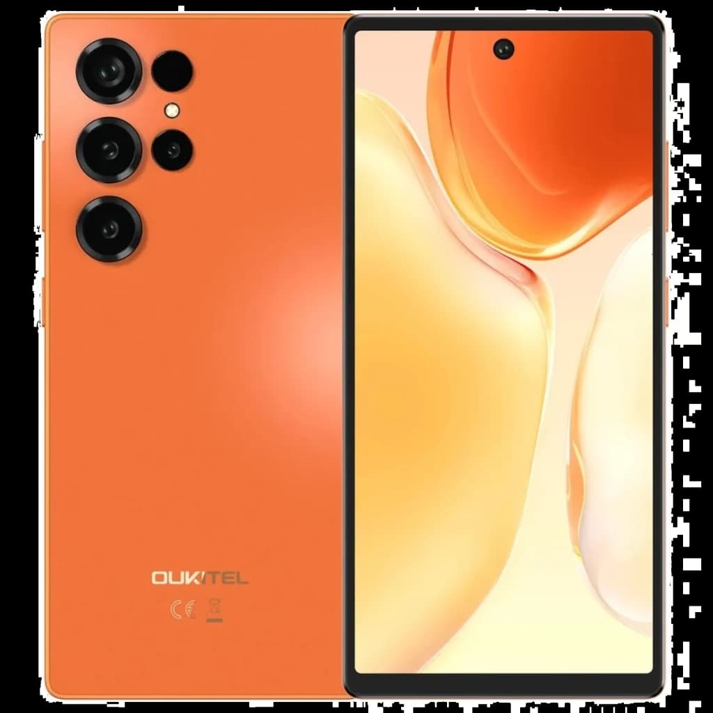 Smartphone laranja com tela ampla de bordas finas, furo para câmera frontal central, módulo traseiro com múltiplas câmeras e acabamento fosco elegante