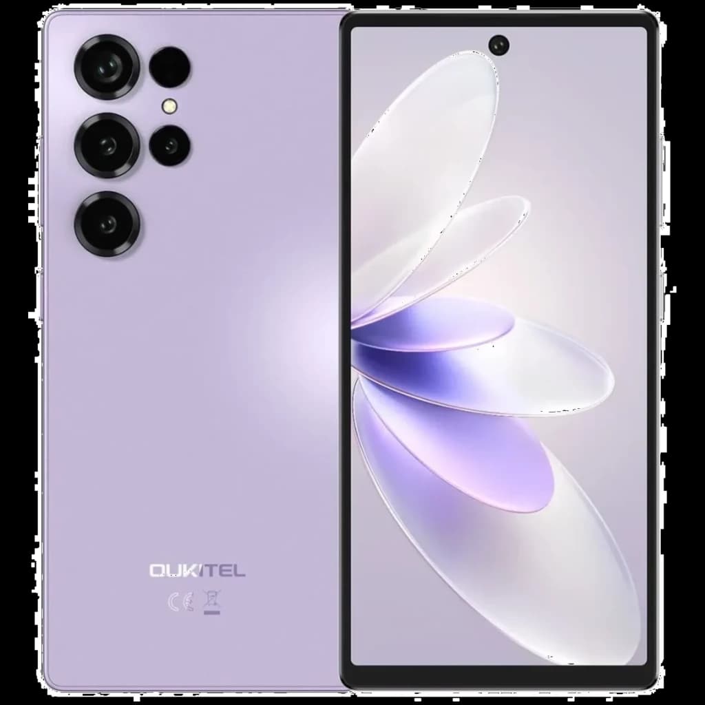 Oukitel C66 roxo com tela ampla de bordas finas, câmera frontal em furo central e módulo traseiro quádruplo destacado; design elegante matte