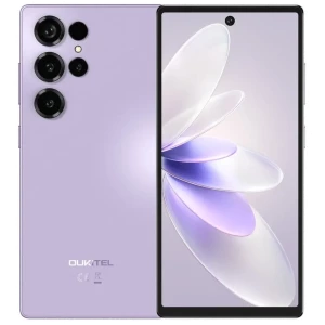 Oukitel C66 púrpura con triple cámara trasera grande, flash LED, pantalla HD+ casi sin bordes y agujero central para la cámara frontal, diseño elegante