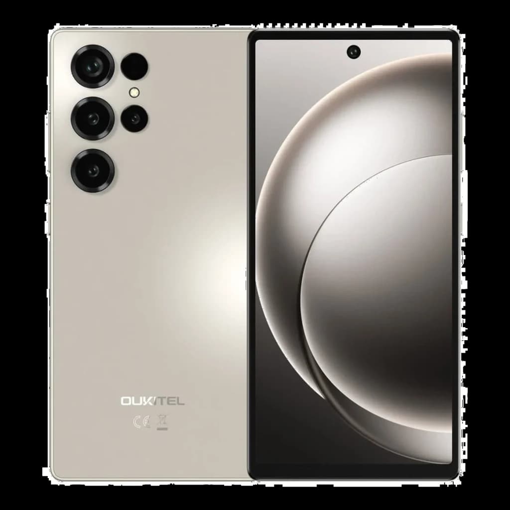 Oukitel C66 cinza com tela grande 120 Hz, furo central para câmera frontal e módulo traseiro com múltiplas câmeras salientes e flash, acabamento metálico