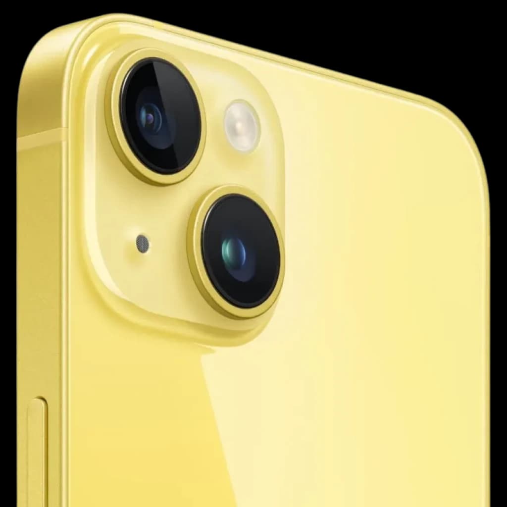 iPhone 14 amarelo renovado, 128GB, condição excelente, destaque para módulo duplo de câmeras traseiras com lentes grandes, flash e acabamento brilhante