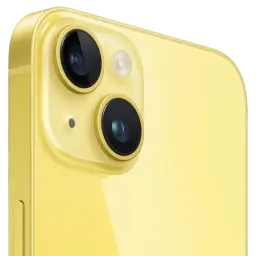iPhone 14 amarelo renovado, 128GB, condição excelente, destaque para módulo duplo de câmeras traseiras com lentes grandes, flash e acabamento brilhante