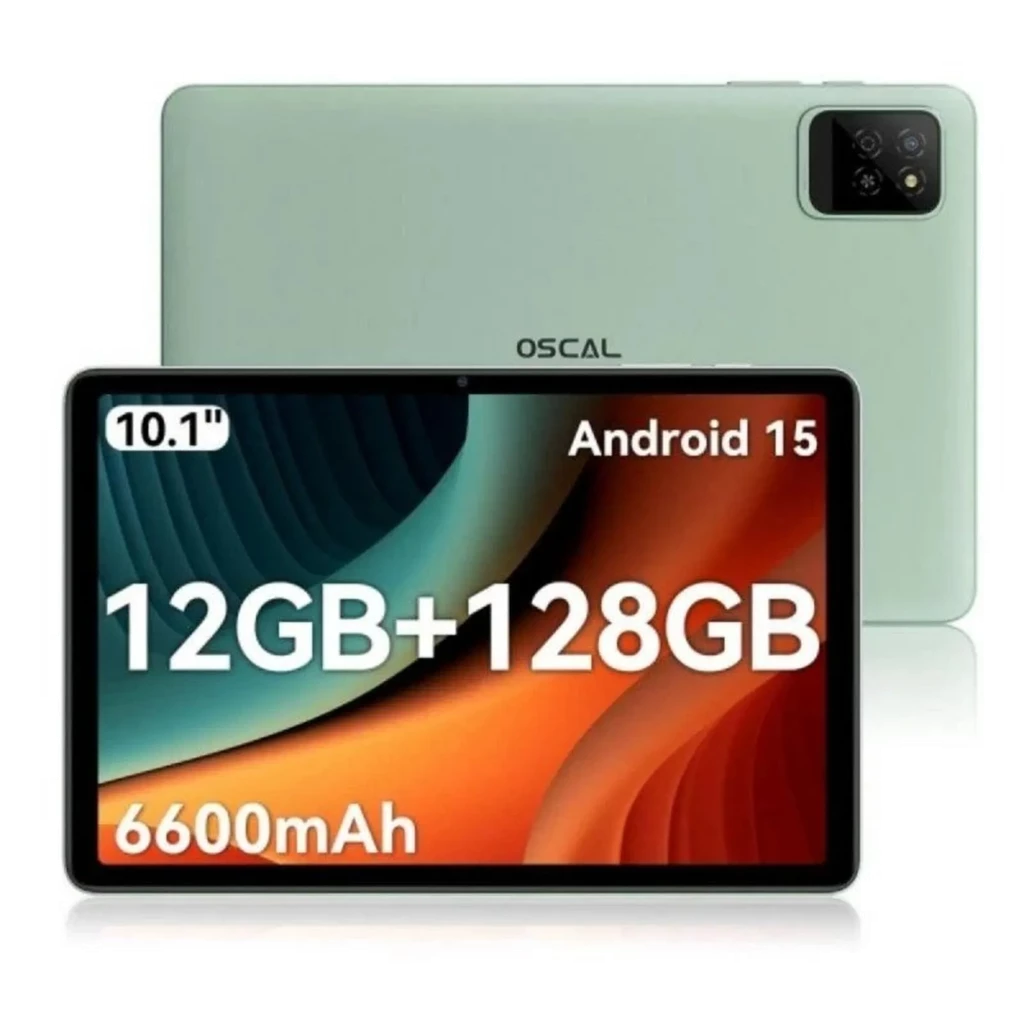 Tablet Oscal Pad 30 Wifi verde menta con pantalla amplia de bordes finos, cámara trasera doble en módulo cuadrado y logo lateral; diseño delgado y moderno - Ítem1