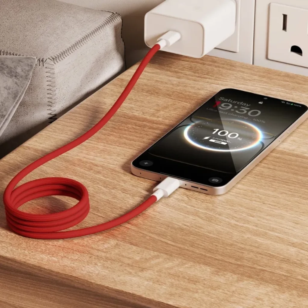 OnePlus Magnetic Cable Tipo C a Tipo C 120cm Rojo, cable trenzado rojo con conectores USB-C blancos, diseño resistente y flexible para carga y datos - Ítem4