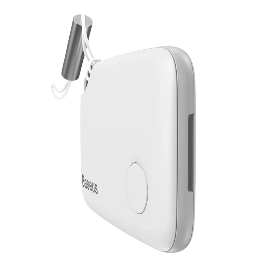 Baseus Intelligent T2 - Dispositivo Localizador branco, compacto e retangular, com botão circular frontal e recorte para argola; design minimalista e leve - Item1