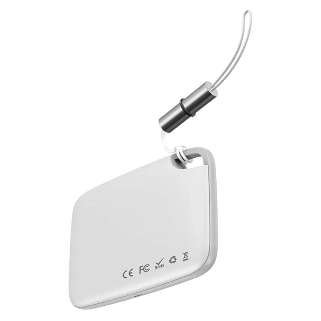 Baseus Intelligent T2 - Dispositivo Localizador branco, compacto e retangular, com botão circular frontal e recorte para argola; design minimalista e leve - Item2