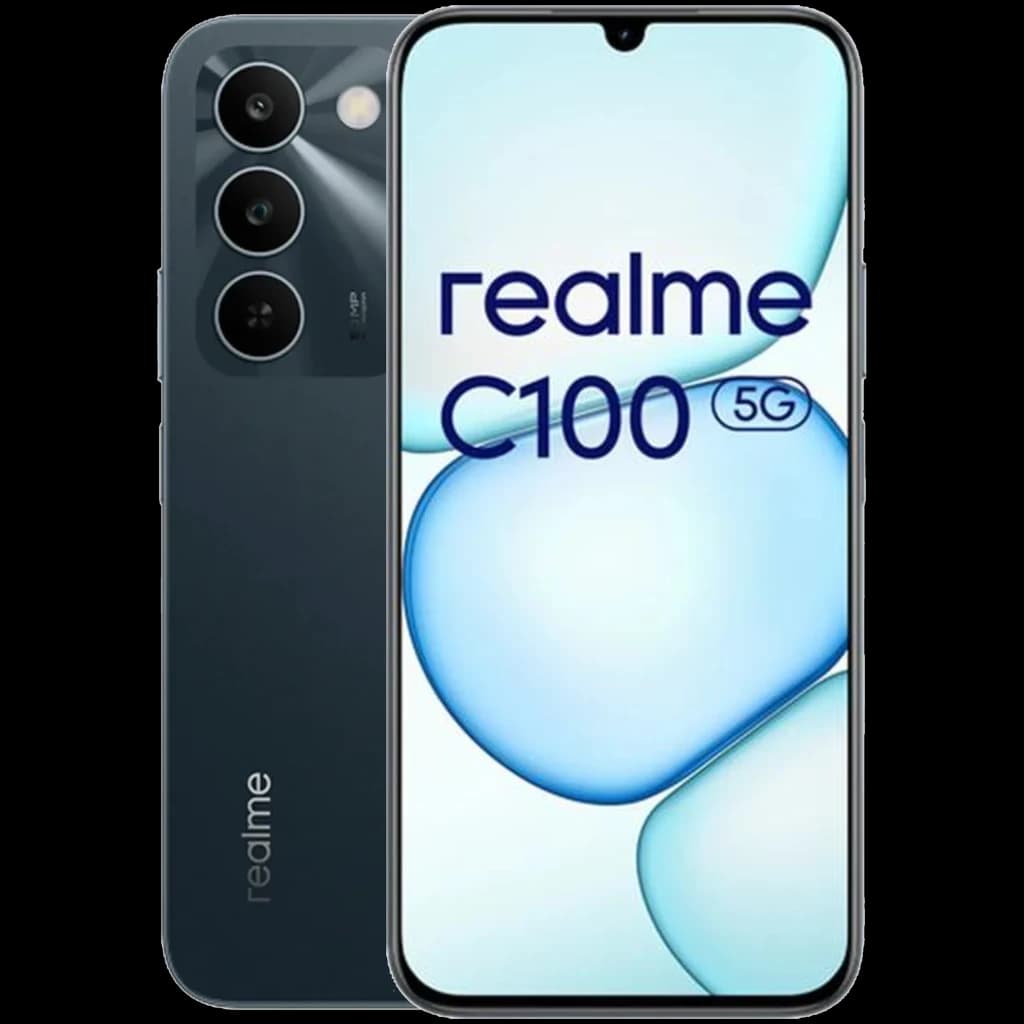 Smartphone Realme C100 5G verde com tela ampla de bordas finas, entalhe em gota, três câmeras traseiras com sensor 50 MP e acabamento fosco elegante