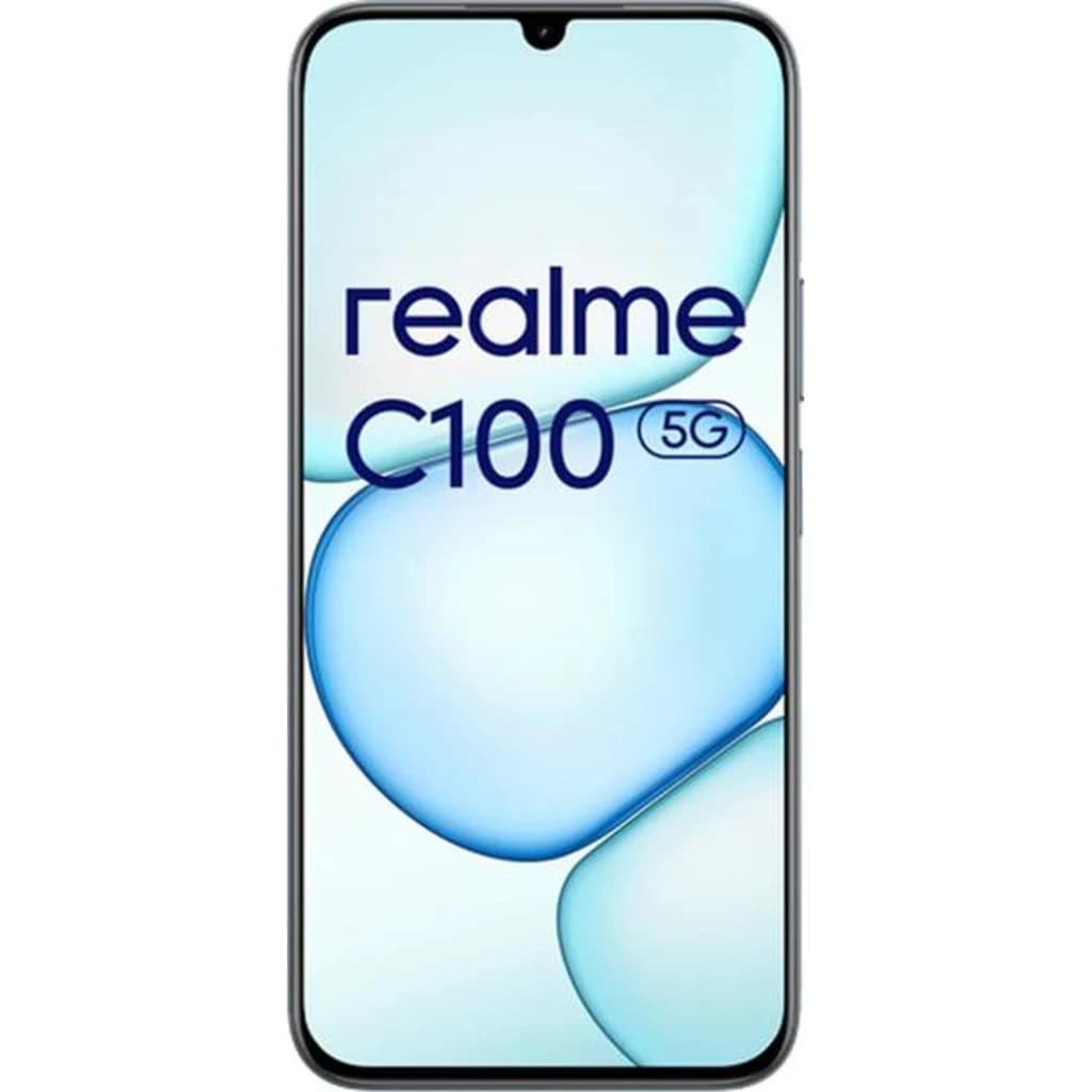 Tela ampla com notch em gota, bordas finas e logo realme C100 5G ao centro. Design frontal limpo em verde, ideal para destacar o display do smartphone.