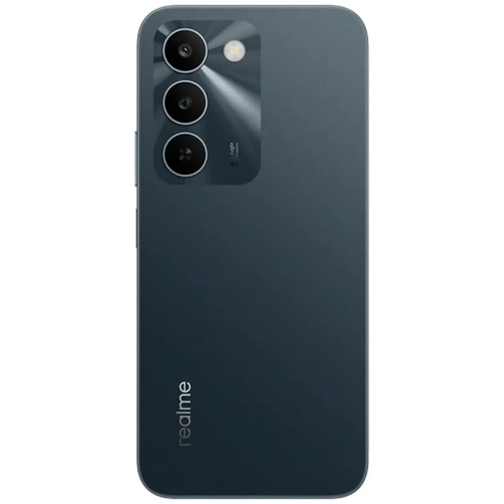 Traseira do Realme C100 5G verde com módulo retangular e três câmeras em anel, destaque para sensor de 50 MP e acabamento fosco elegante
